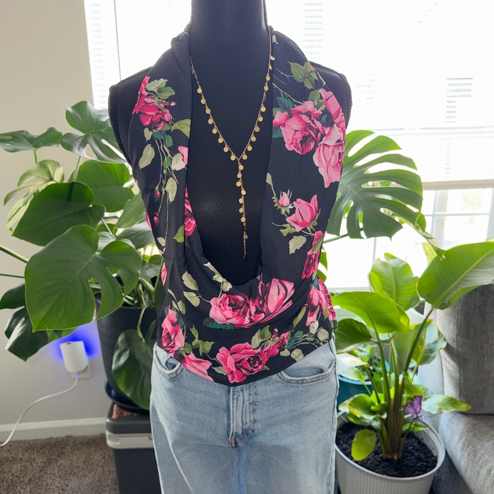 Floral Halter Neck Top - Navy Blue and Pink